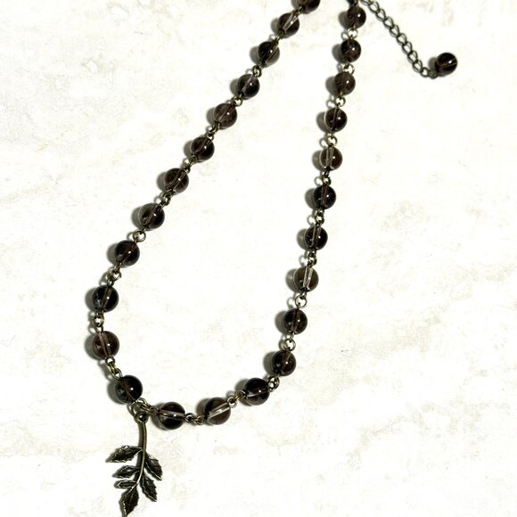 Natural Smoky Quartz Short Necklace, Genuine Gemstone + Cute Bronze Leaf Branch - Picture 7 of 14